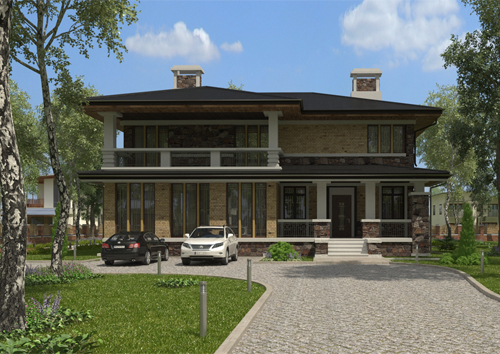 проект современного двухэтажного дома из керамических блоков с панорамным остеклением