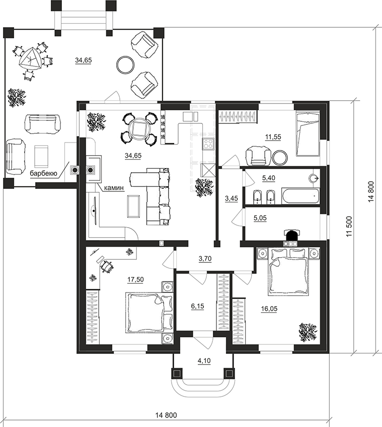 планировка одноэтажного дома с 3-мя спальнями и площадью 105м2