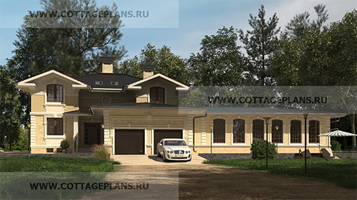 проект двухэтажного дома, с мансардой, с пристроенным гаражом на 2 машины, с цокольным этажом, с бассейном