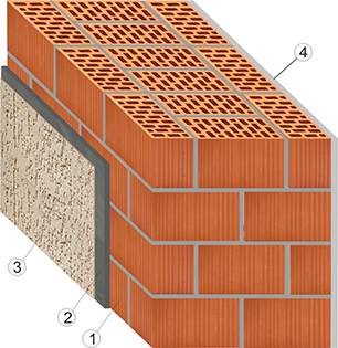 Кладка из двойного щелевого кирпича, толщиной 510мм, с облицовкой слоем декоративной штукатурки.