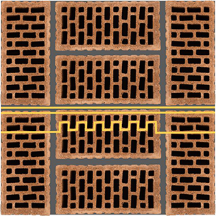 кладка двойного щелевого кирпича 510мм жёлтым показан путь движения тепового потока