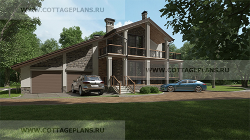 проект двухэтажного дома на две семьи, с мансардой, с сауной, парной в доме, с пристроенным гаражом на 2 машины
